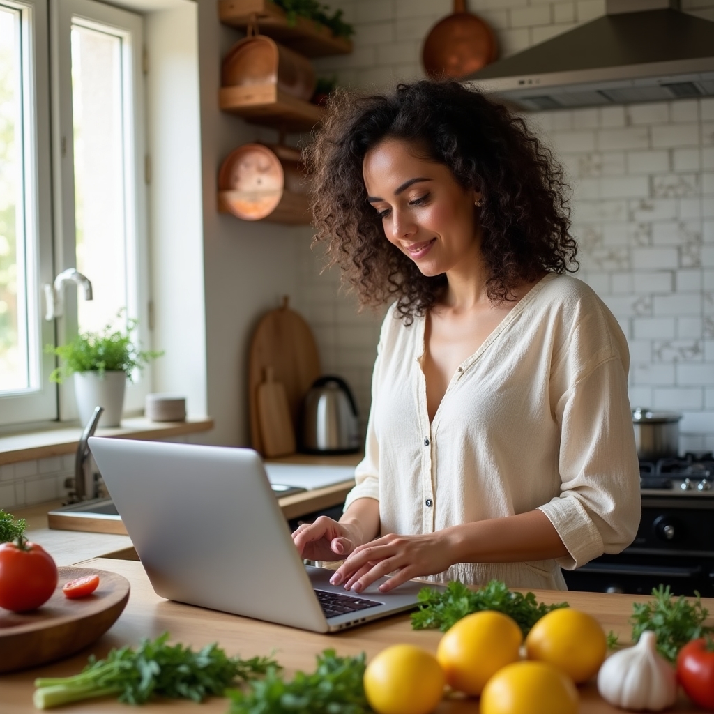 Person following an online cooking lesson on a laptop in a bright home kitchen with Mediterranean ingredients laid out