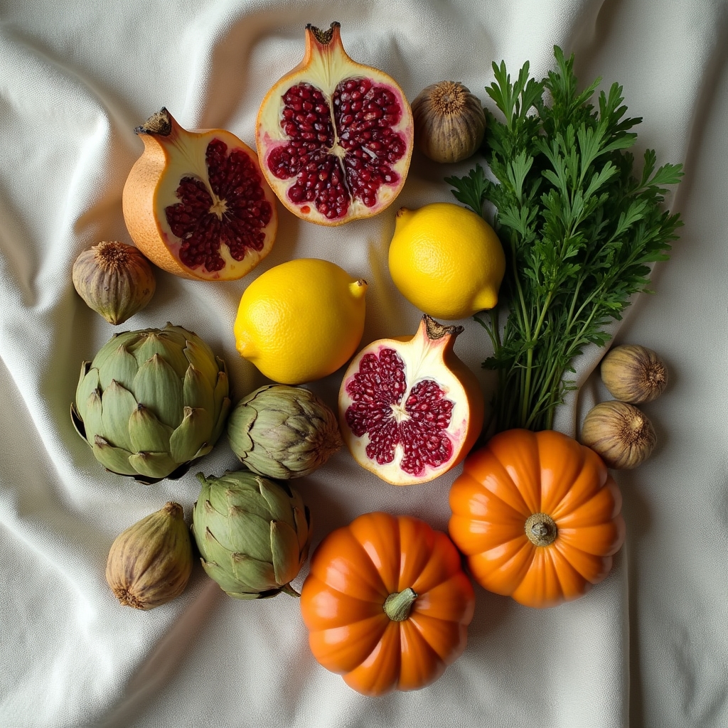 Overhead arrangement of seasonal Mediterranean produce including pomegranates, lemons, artichokes, and fresh herbs on linen cloth